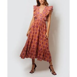 KLEID For Her Ruffled Midi Dress XS Womens Boho Floral Deep V Neck Pockets